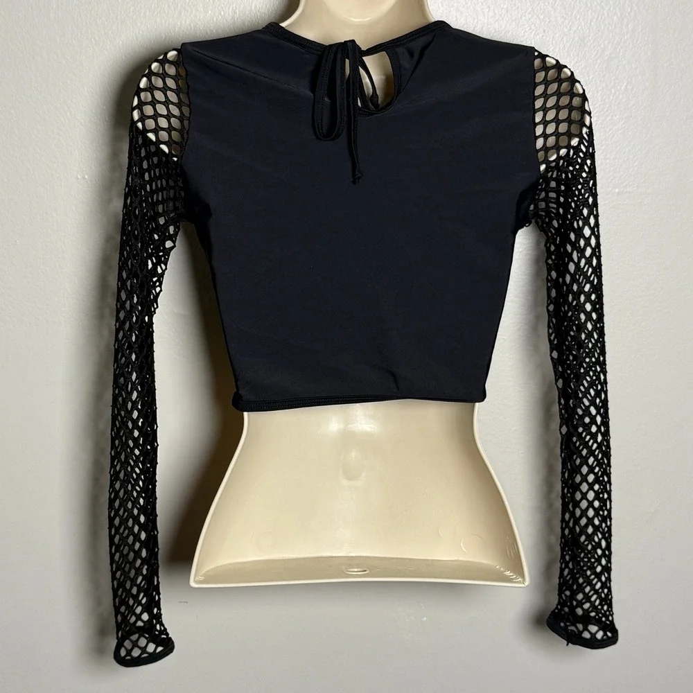 Piha‎ Swimwear Womens Mesh Crop Top 6 Black Swim Top Stretch Smooth